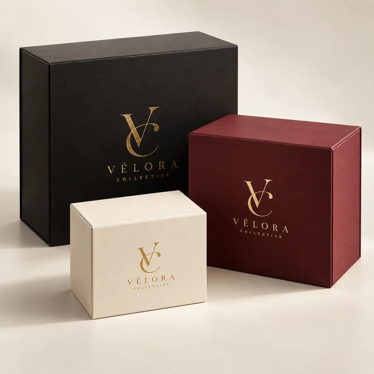 Three luxury gift boxes by Vélora Collective in black, burgundy, and cream with gold foil logo, premium rigid packaging design