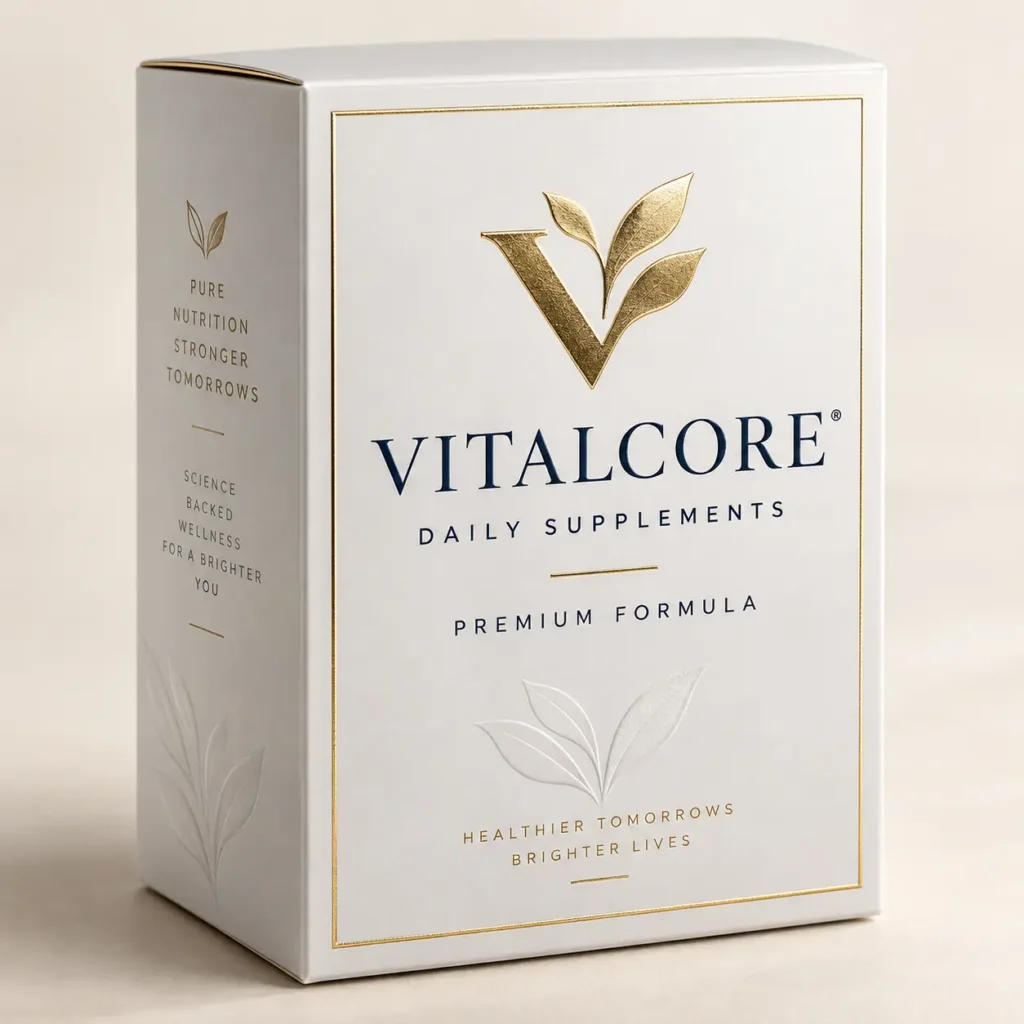 White luxury supplement box packaging with gold VitalCore Daily Supplements Premium Formula logo, elegant minimalist design