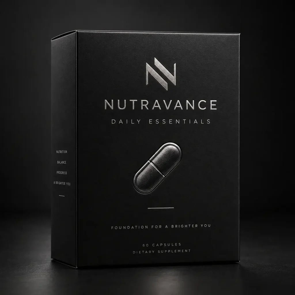 Luxury black supplement box Nutravance Daily Essentials 60 capsules silver foil logo premium dietary packaging design