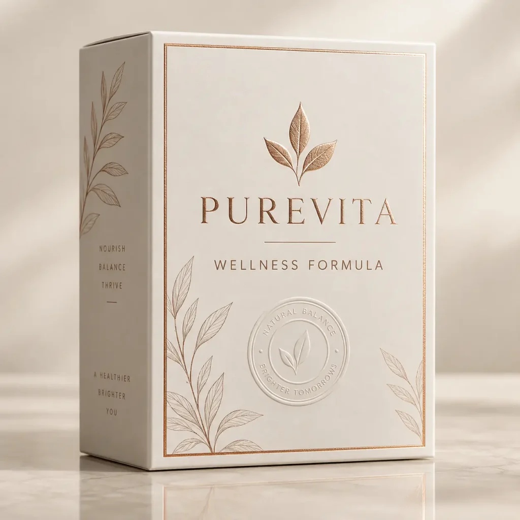 Luxury white gold PUREVITA Wellness Formula supplement box with embossed leaves, elegant packaging design on marble surface