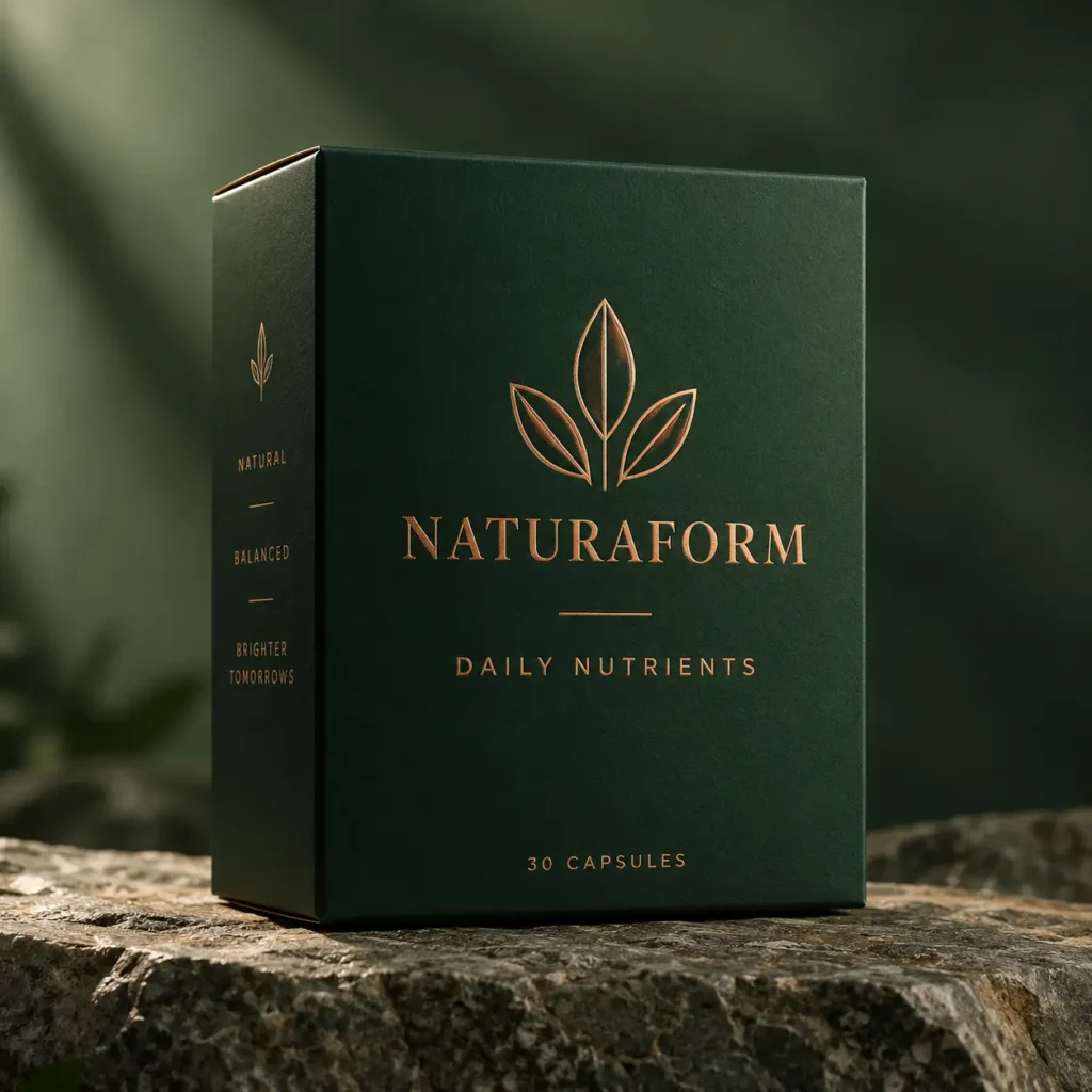 Dark green luxury supplement box with gold foil Naturaform Daily Nutrients branding, 30 capsules, on stone surface