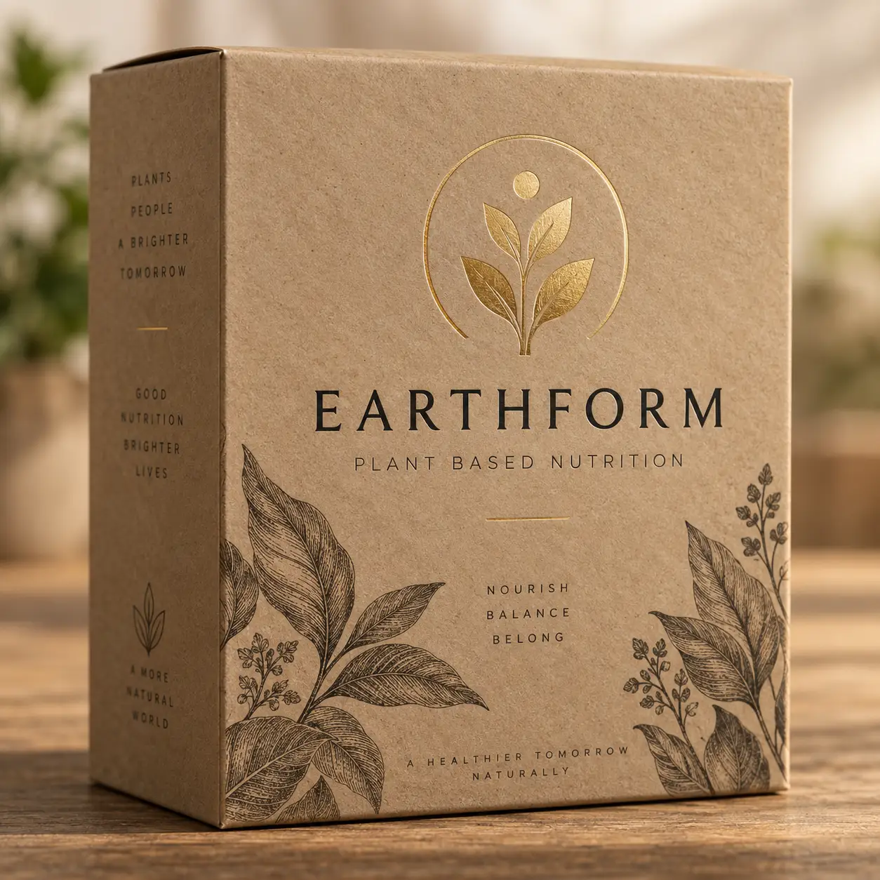 Earthform plant-based nutrition kraft box with gold foil botanical logo, botanical illustrations, natural eco-friendly supplement packaging design