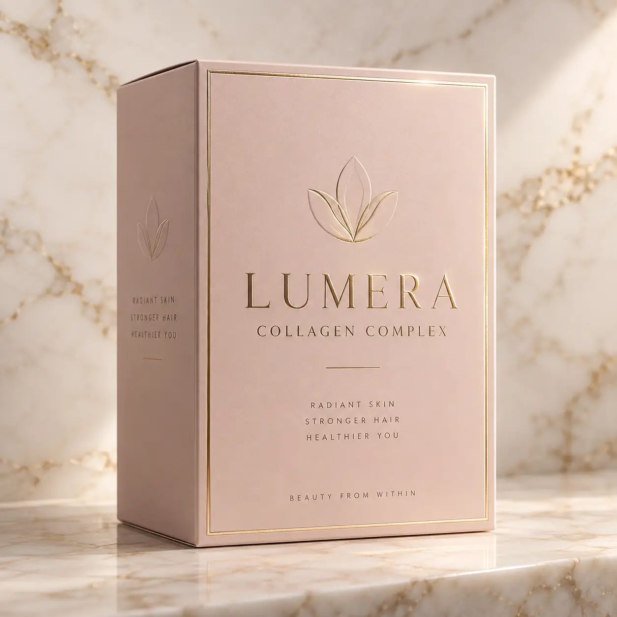 Lumera Collagen Complex blush pink luxury supplement box with gold foil embossed logo on marble surface