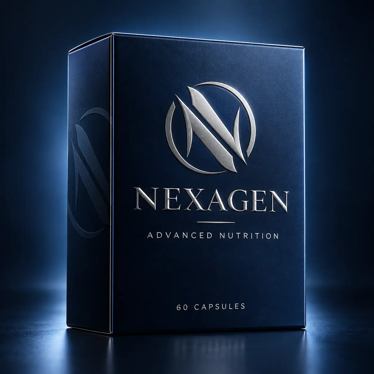 Navy blue Nexagen Advanced Nutrition supplement box with silver embossed logo, 60 capsules, premium luxury packaging design