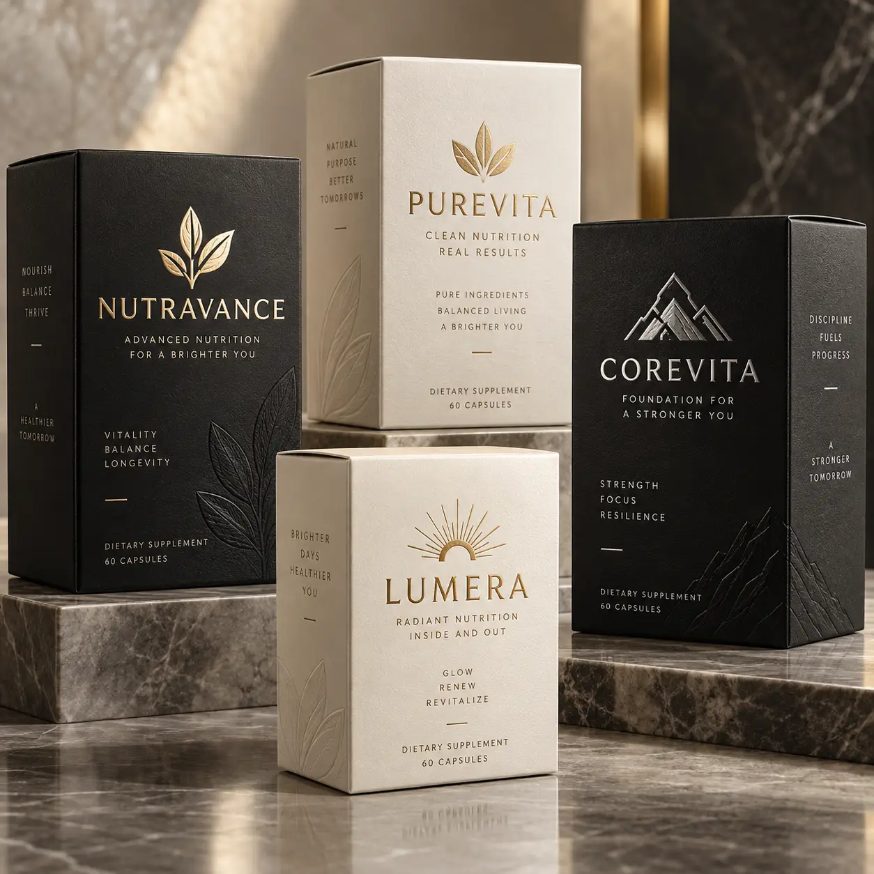 Four luxury supplement boxes Nutravance Purevita Corevita Lumera in black cream gold on marble surface elegant packaging design