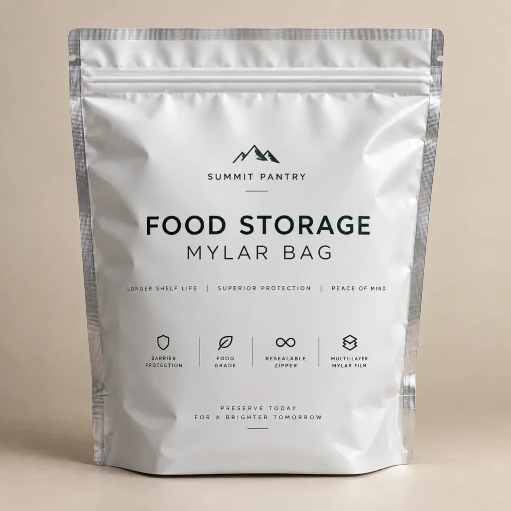 White Summit Pantry food storage Mylar bag with resealable zipper, barrier protection, food grade label on beige background