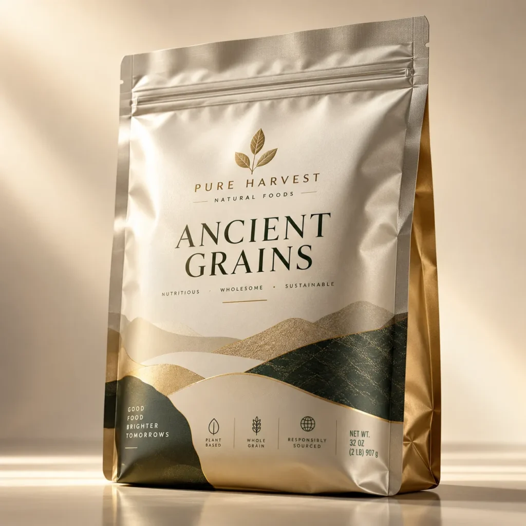 Premium Pure Harvest Ancient Grains 2lb matte silver gold stand-up pouch packaging with elegant dark green wave design