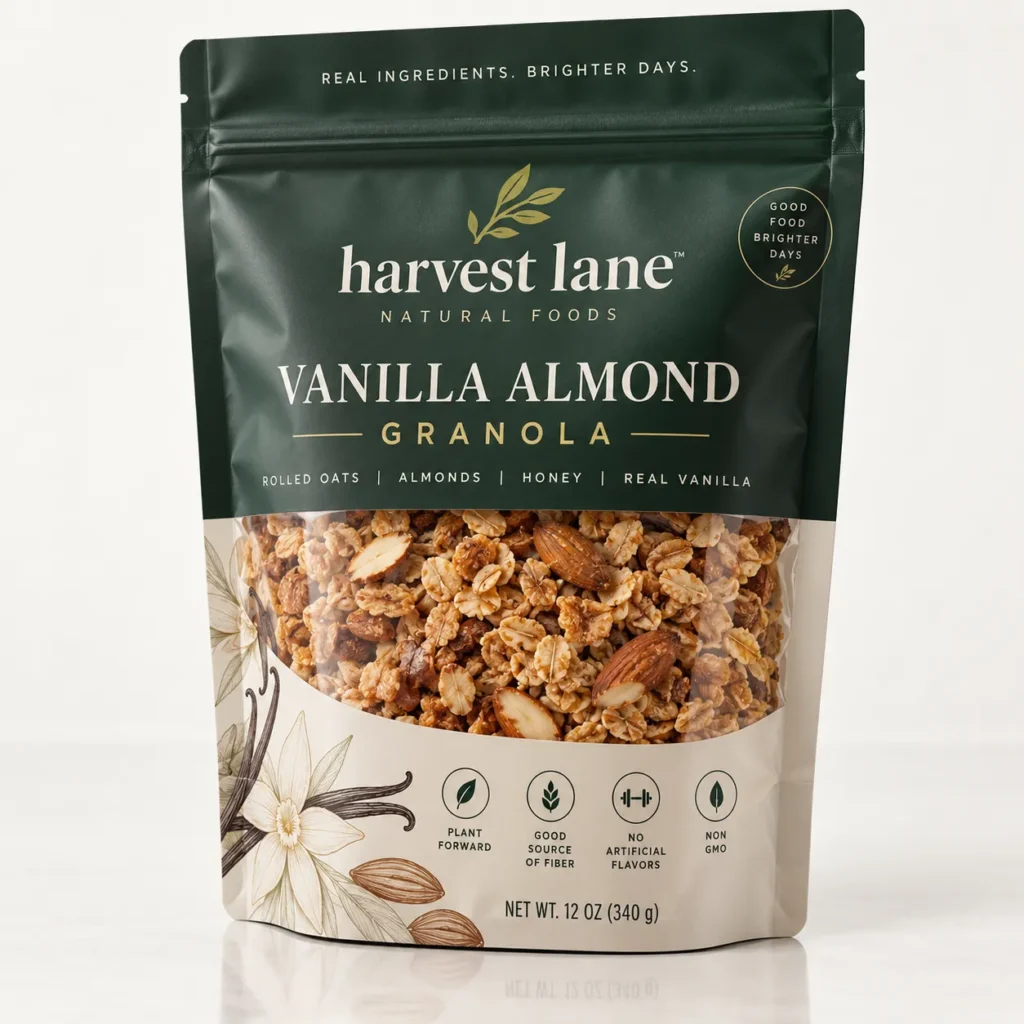 Harvest Lane Natural Foods Vanilla Almond Granola 12oz dark green resealable bag with rolled oats, almonds, honey, non-GMO