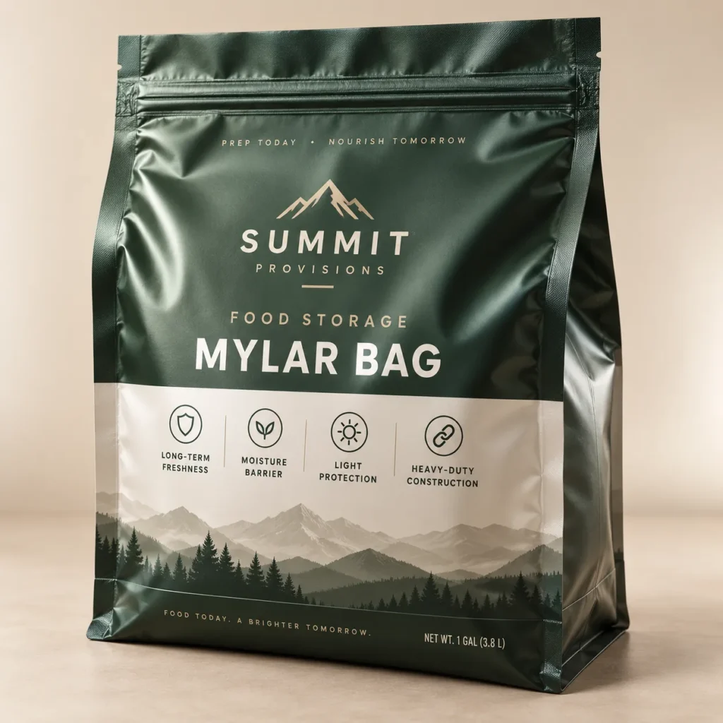 Dark green Mylar food storage bag by Summit Provisions, 1-gallon resealable pouch with mountain logo on beige background