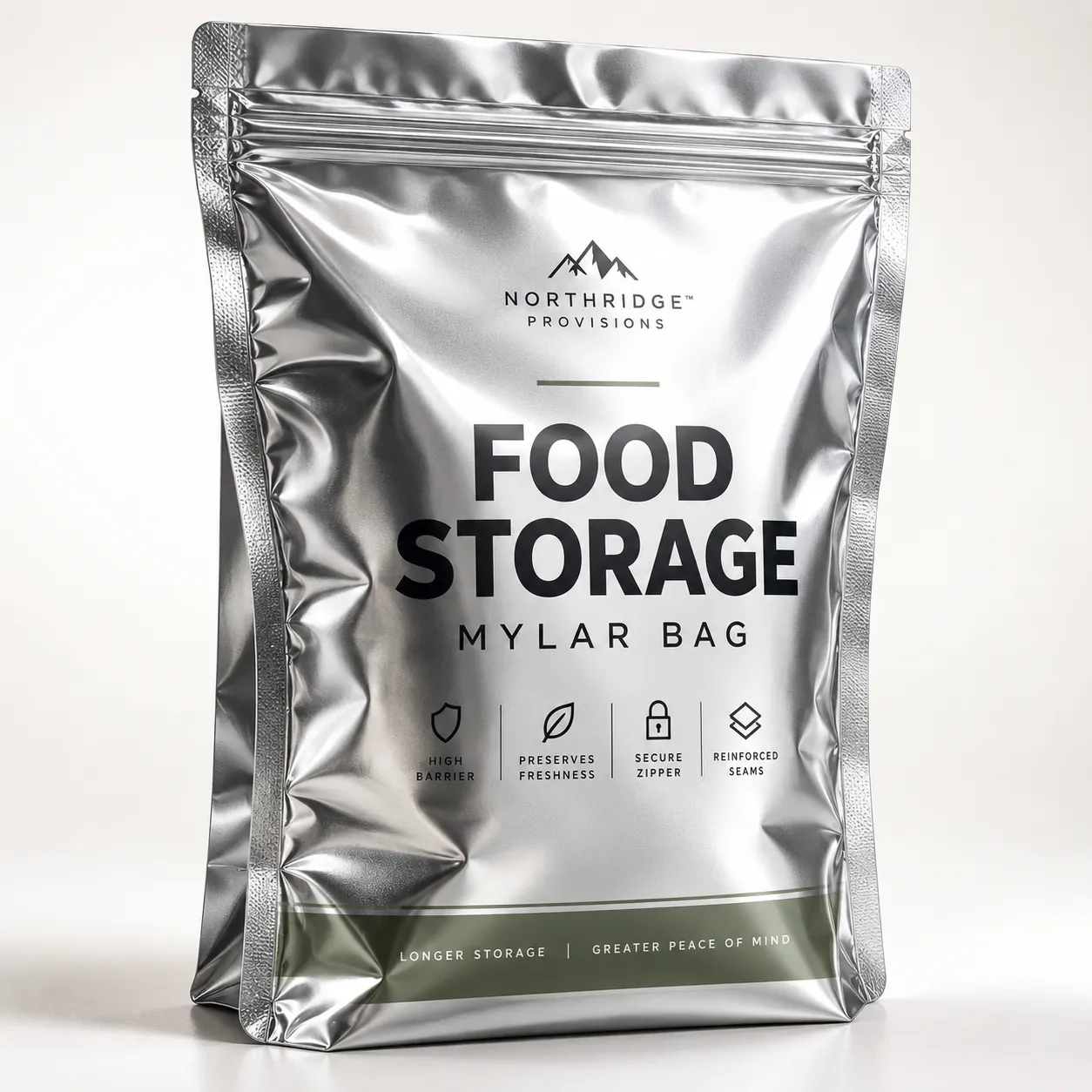 Silver Mylar food storage bag by Northridge Provisions, featuring zipper seal and mountain logo, on white background