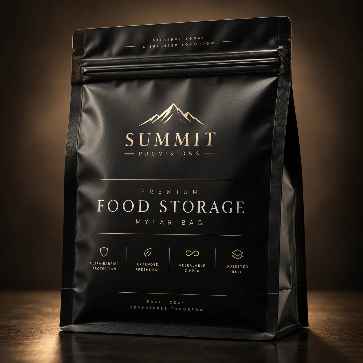 Black matte Mylar food storage bag by Summit Provisions with gold text, resealable zipper, gusseted base, premium packaging design