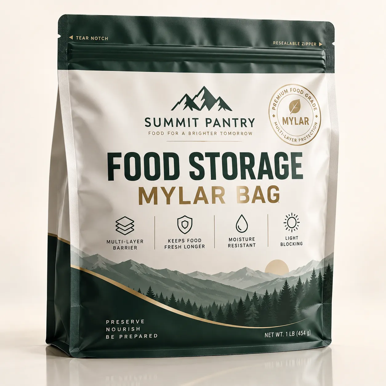 Dark green and white food storage Mylar bag by Summit Pantry, 1lb resealable zipper pouch with mountain landscape design