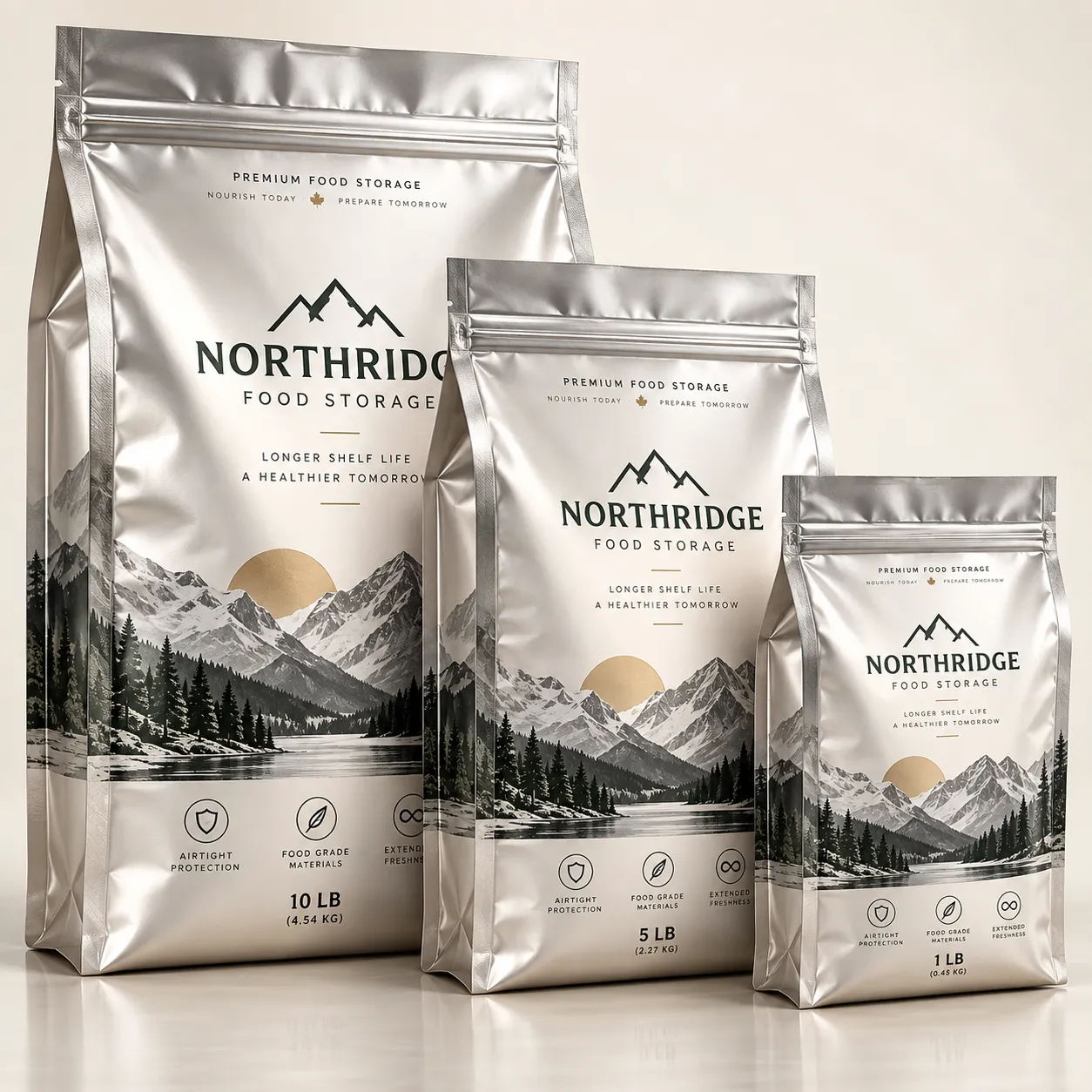 Three silver Mylar food storage bags by Northridge in 10LB, 5LB, and 1LB sizes featuring mountain landscape design