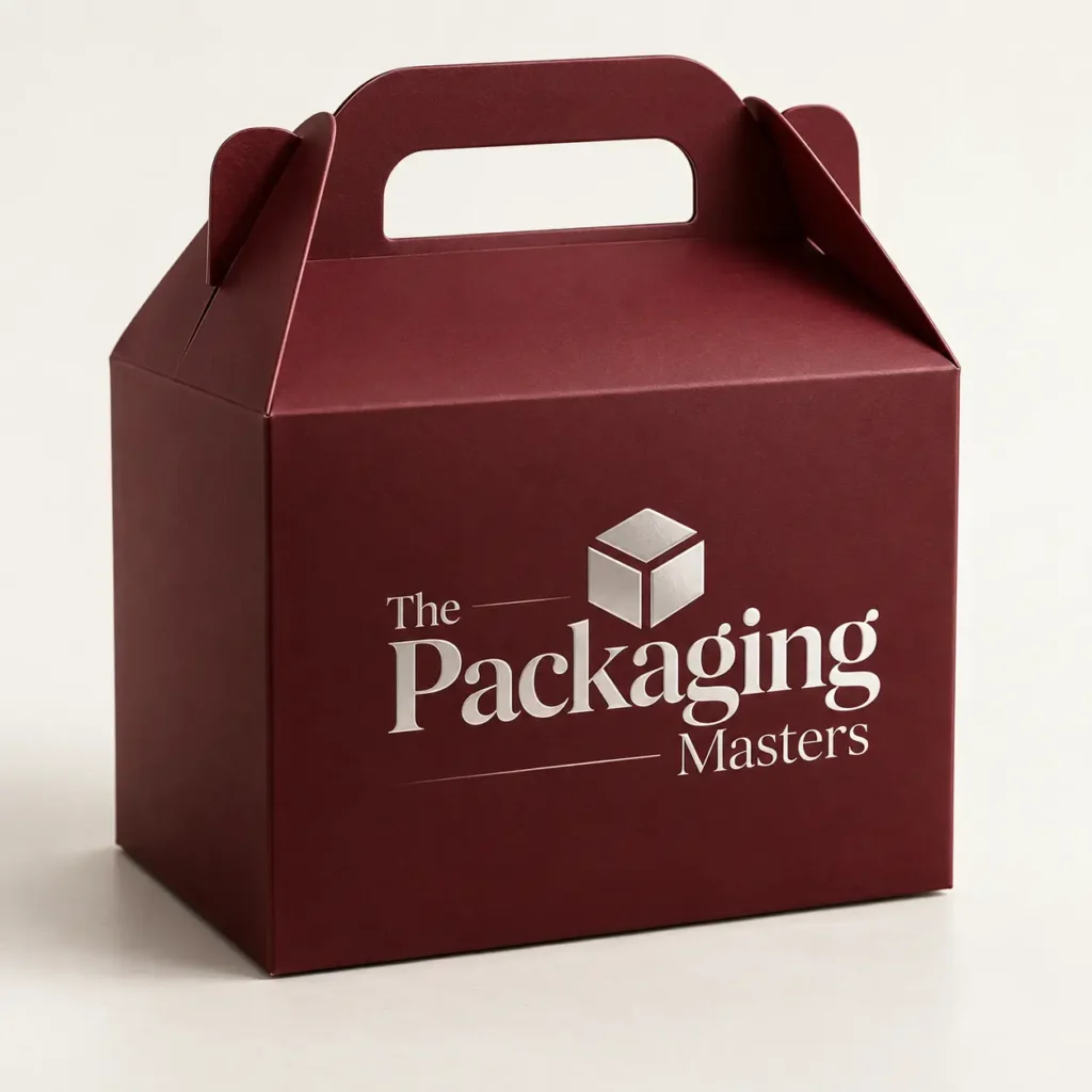 Burgundy gable box with silver foil logo for The Packaging Masters, elegant custom printed packaging on white background
