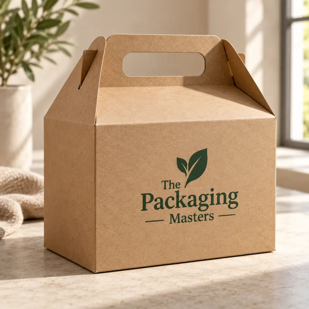 Kraft gable box with green The Packaging Masters logo on marble surface, natural light, eco-friendly custom packaging solution