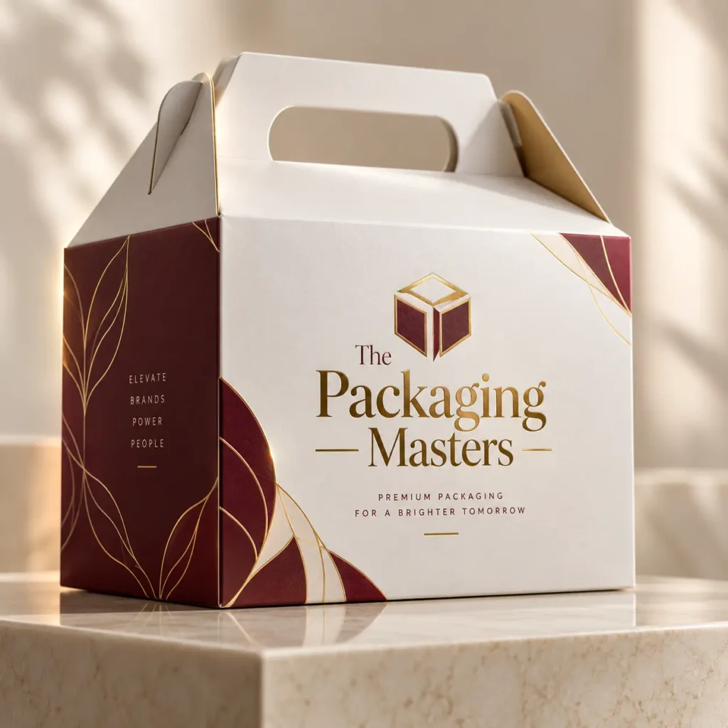 Luxury white and burgundy gable gift box with gold foil branding for The Packaging Masters on marble surface