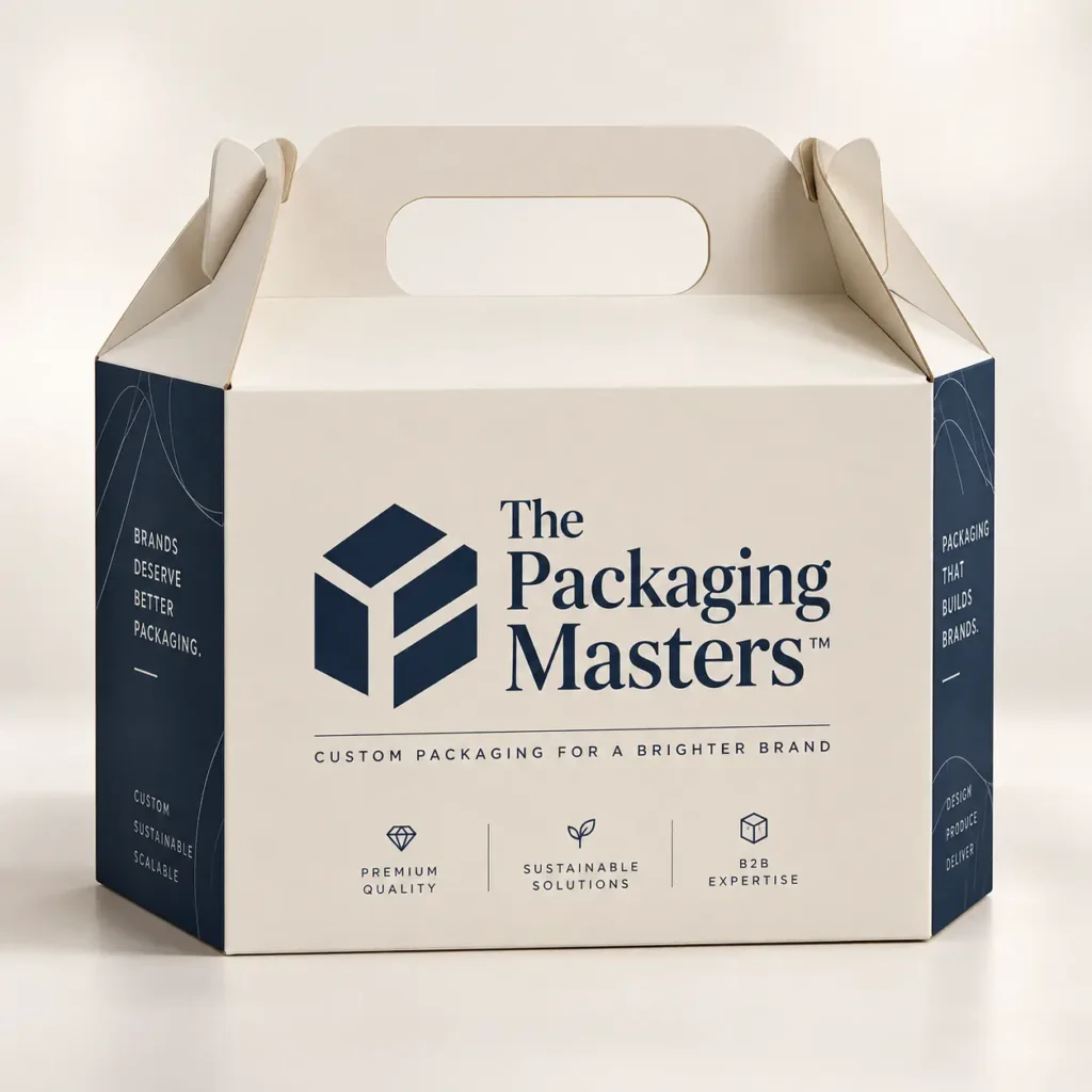 Navy and cream custom gable box packaging with The Packaging Masters logo, premium quality branding, sustainable B2B packaging solutions