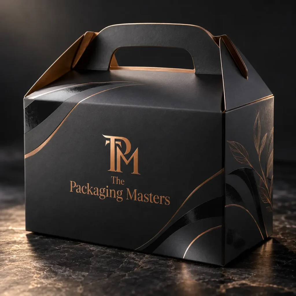 Luxury black and gold gable gift box with TPM logo, The Packaging Masters branding, elegant floral accents on marble surface