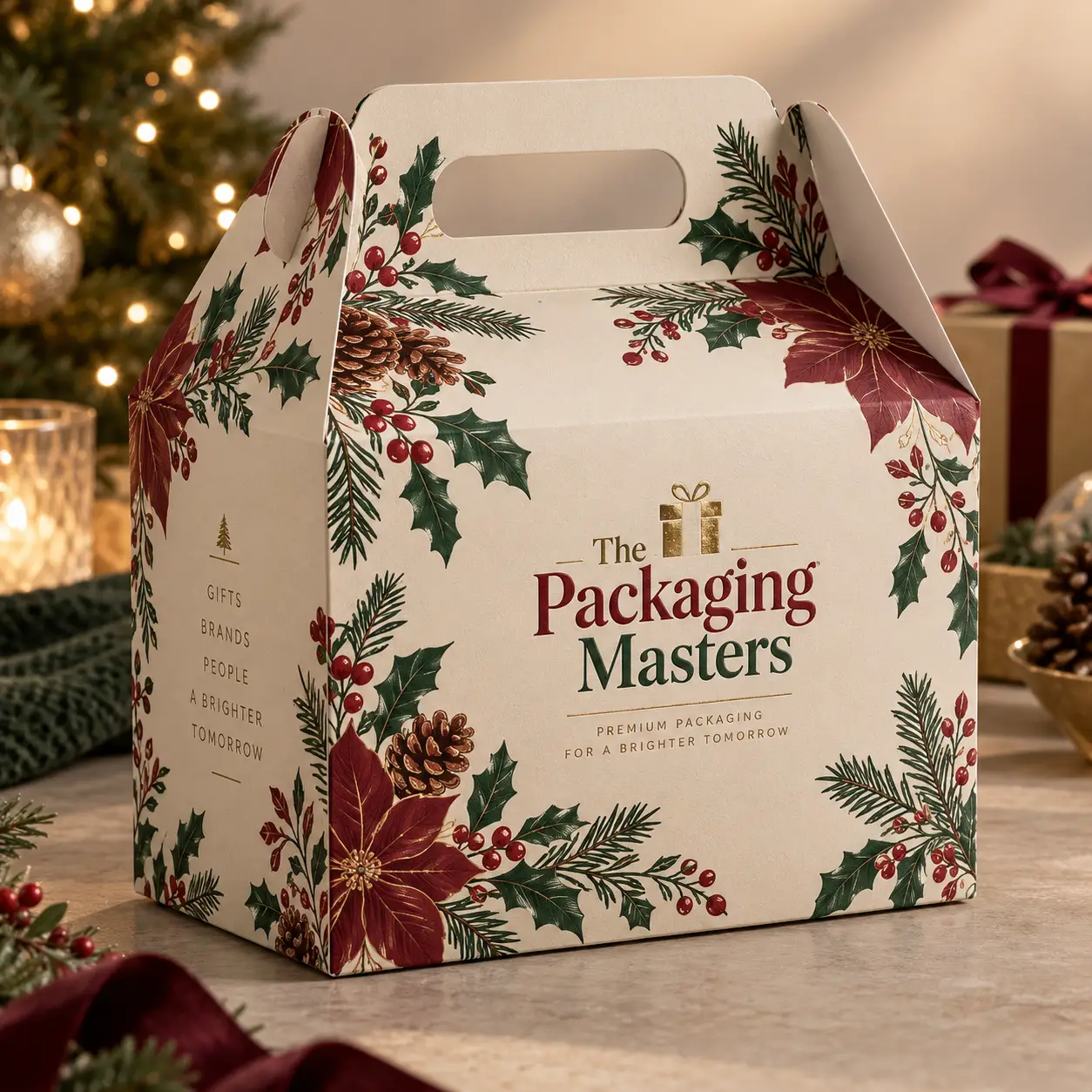 Festive Christmas gable gift box with holly, poinsettias, pinecones, cream background, The Packaging Masters premium holiday packaging