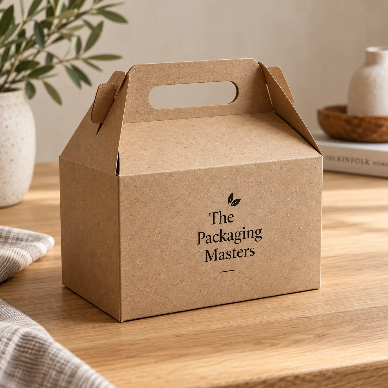 Kraft gable box with handle printed with The Packaging Masters logo on wooden table, natural eco-friendly custom packaging
