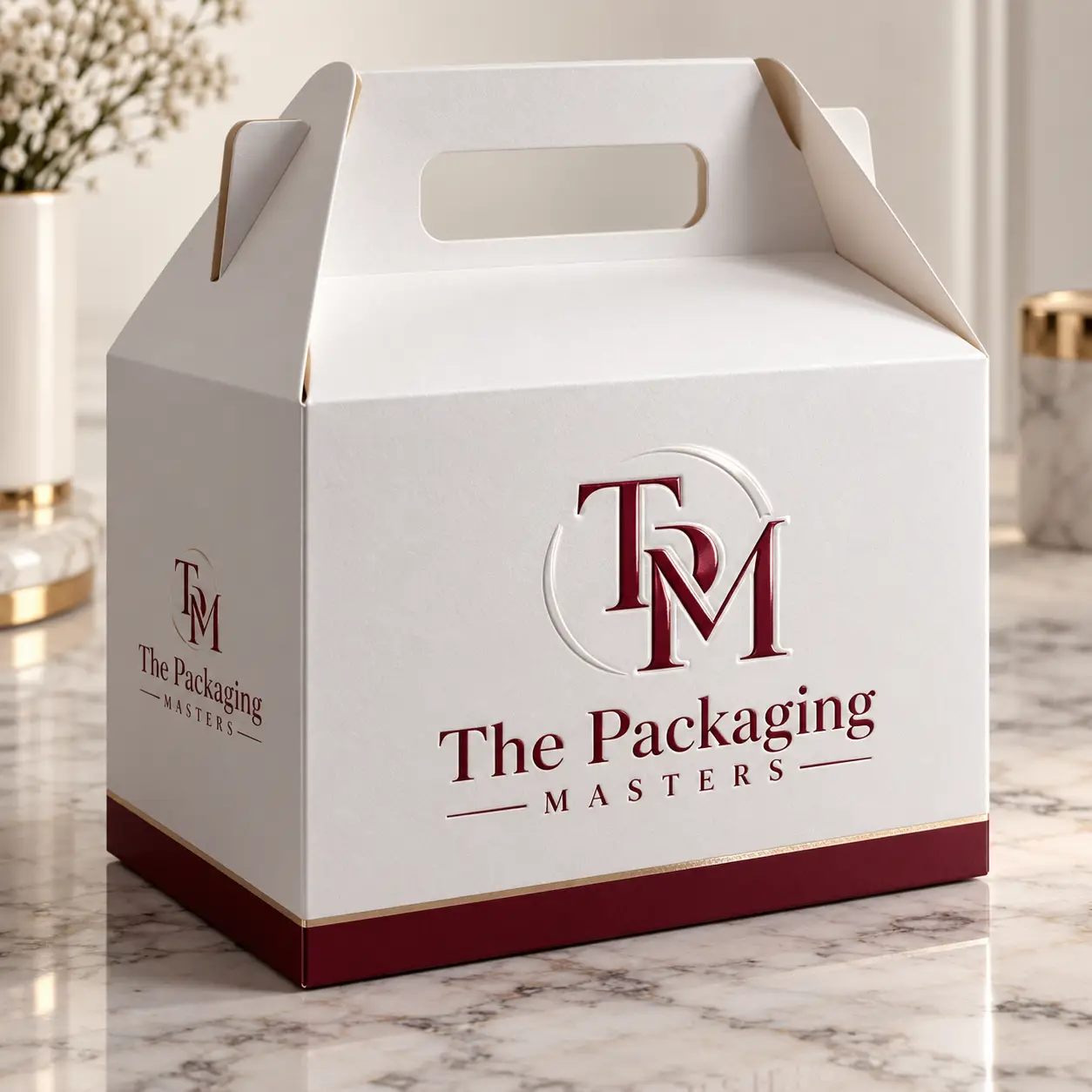 Elegant white gable gift box with burgundy TPM logo and gold accents from The Packaging Masters on marble surface