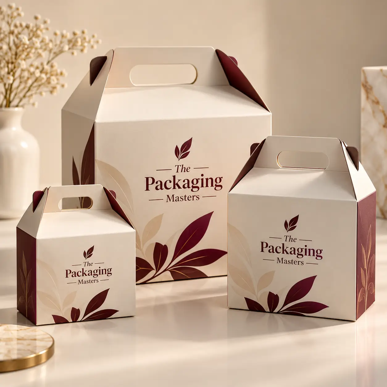 Three elegant cream gable boxes with burgundy floral design by The Packaging Masters displayed in small, medium, large sizes