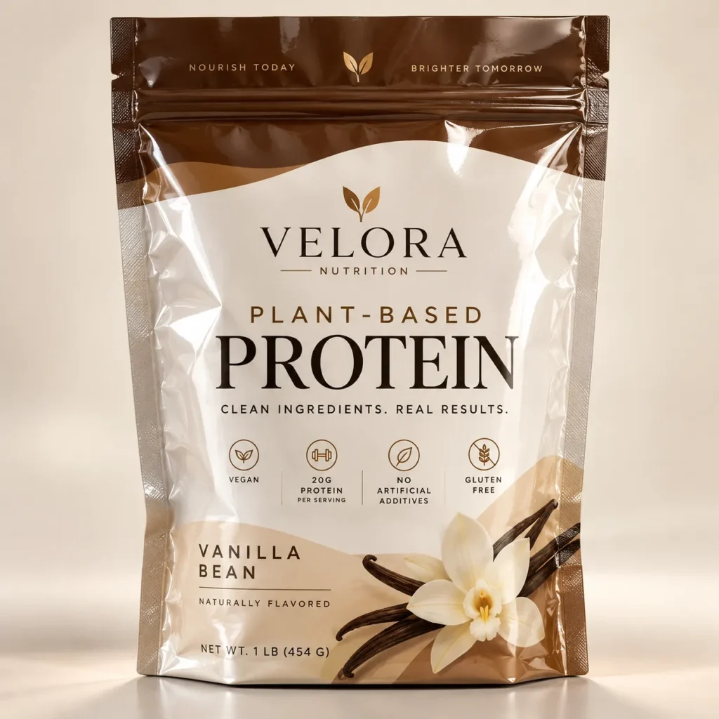 Velora Nutrition vanilla bean plant-based protein powder bag, brown and cream packaging, 1lb, vegan, gluten-free, 20g protein