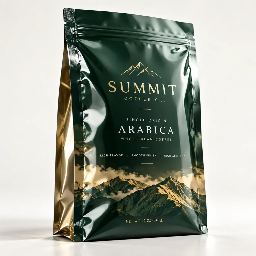 Dark green gold foil coffee bag packaging design for Summit Coffee Co. Single Origin Arabica Whole Bean, mountain landscape print
