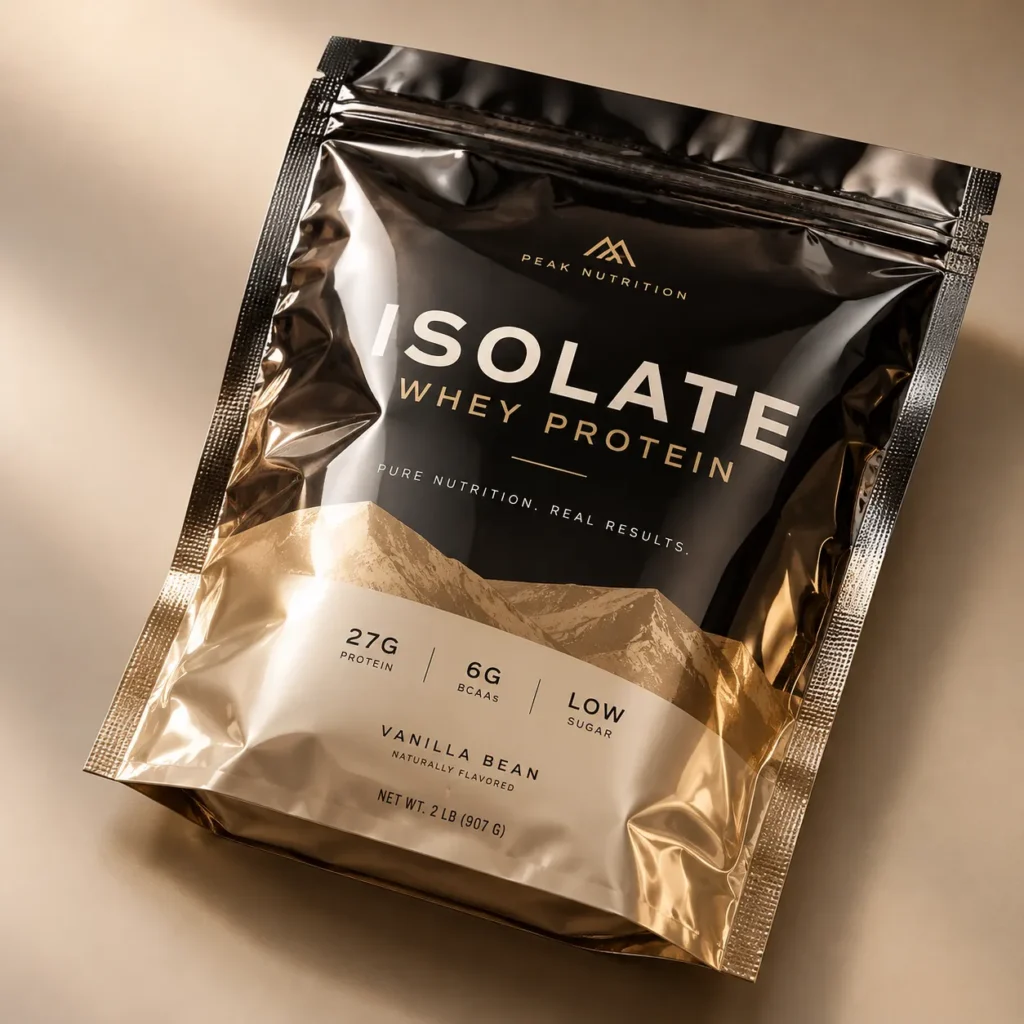 Peak Nutrition Isolate Whey Protein 2lb bag in black and gold foil packaging, vanilla bean flavor, premium supplement design