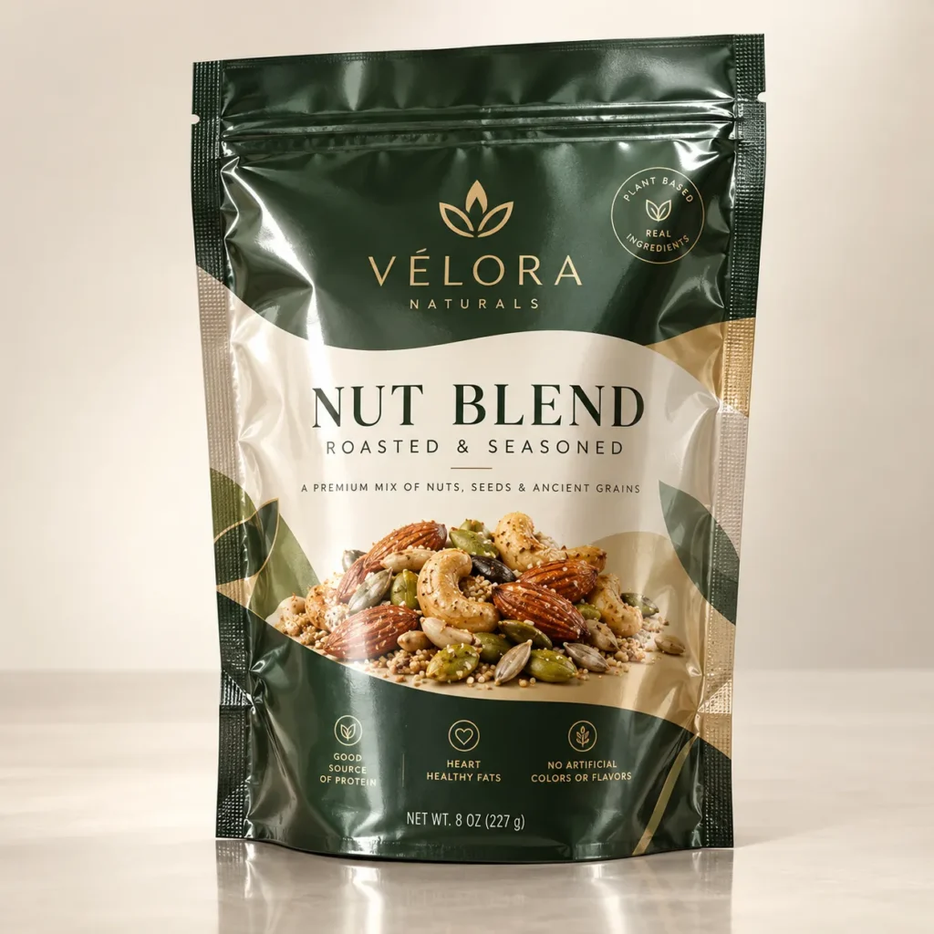 Vélora Naturals roasted seasoned nut blend 8oz dark green gold resealable pouch with almonds cashews seeds ancient grains