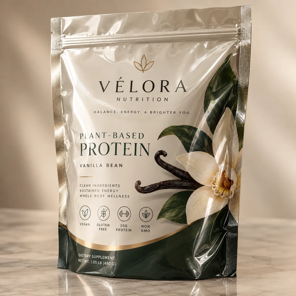 Vélora Nutrition vanilla bean plant-based protein powder pouch, white and gold packaging with vanilla flower, 480g supplement bag