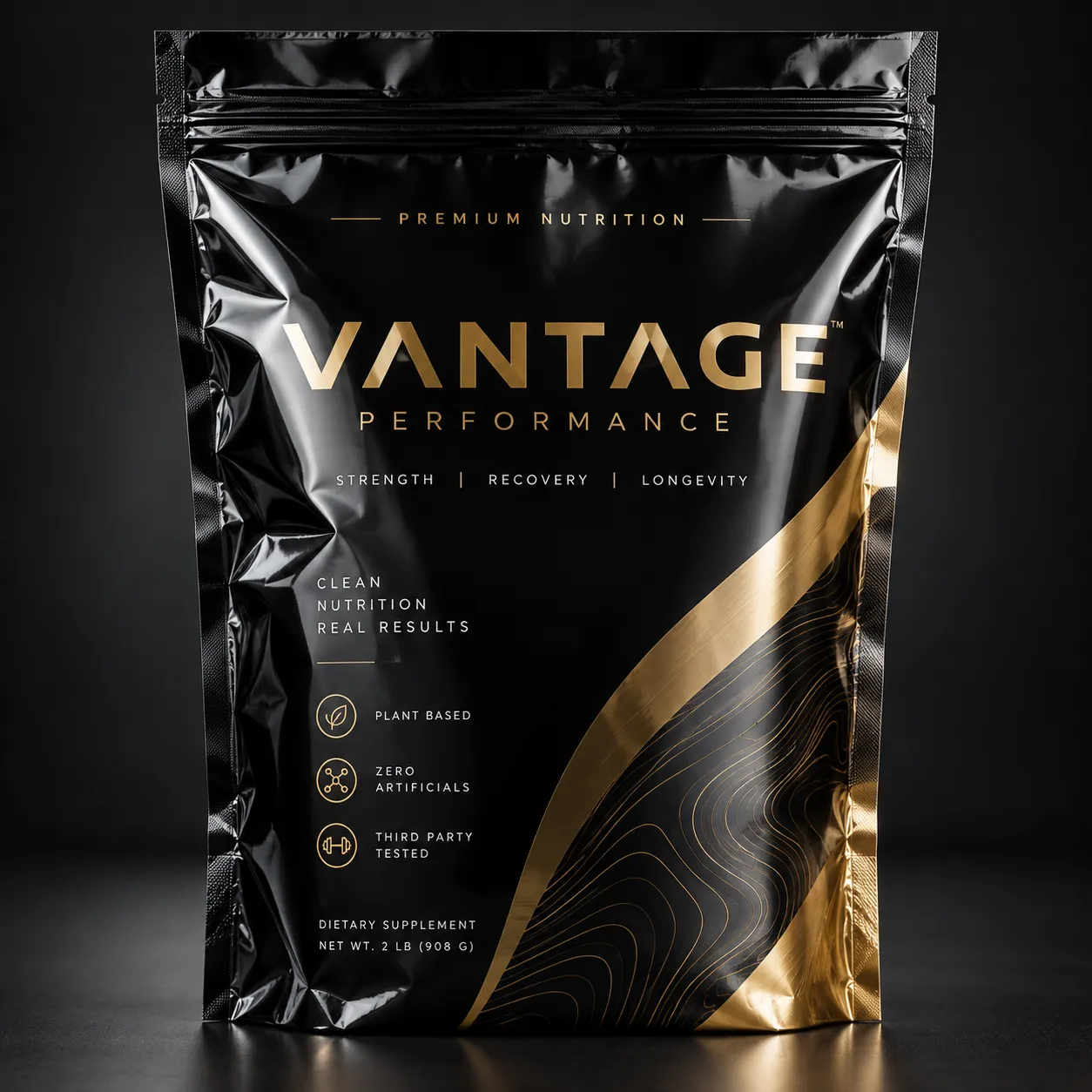 Black glossy stand-up pouch for Vantage Performance supplement, gold foil wave design, premium nutrition packaging, 2lb protein bag