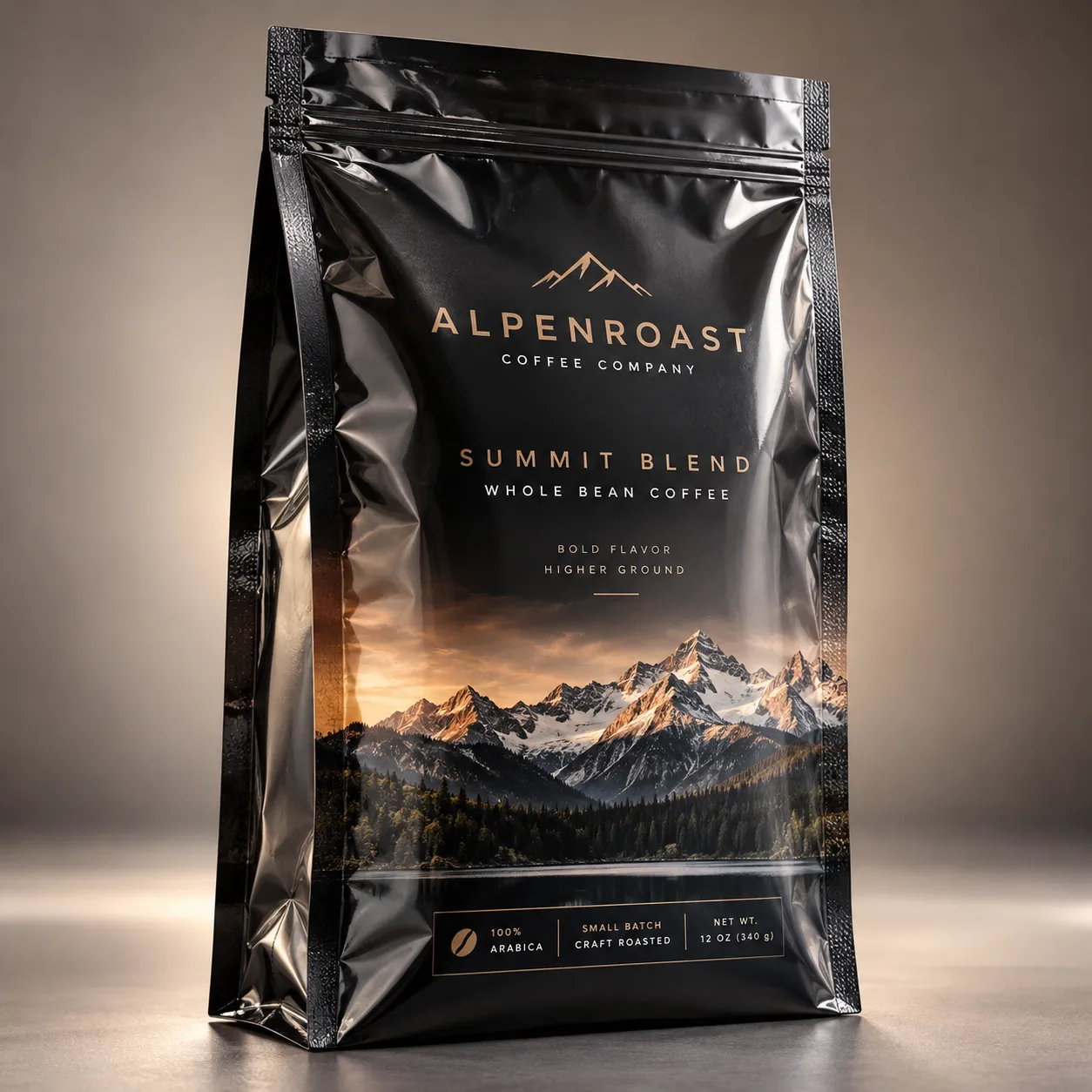 Black glossy coffee bag packaging design for Alpenroast Summit Blend whole bean coffee with mountain landscape print