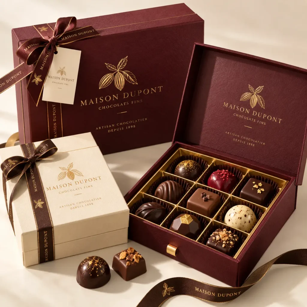 Luxury chocolate gift boxes by Maison Dupont in burgundy and cream with gold ribbon, artisan truffles, elegant premium packaging design