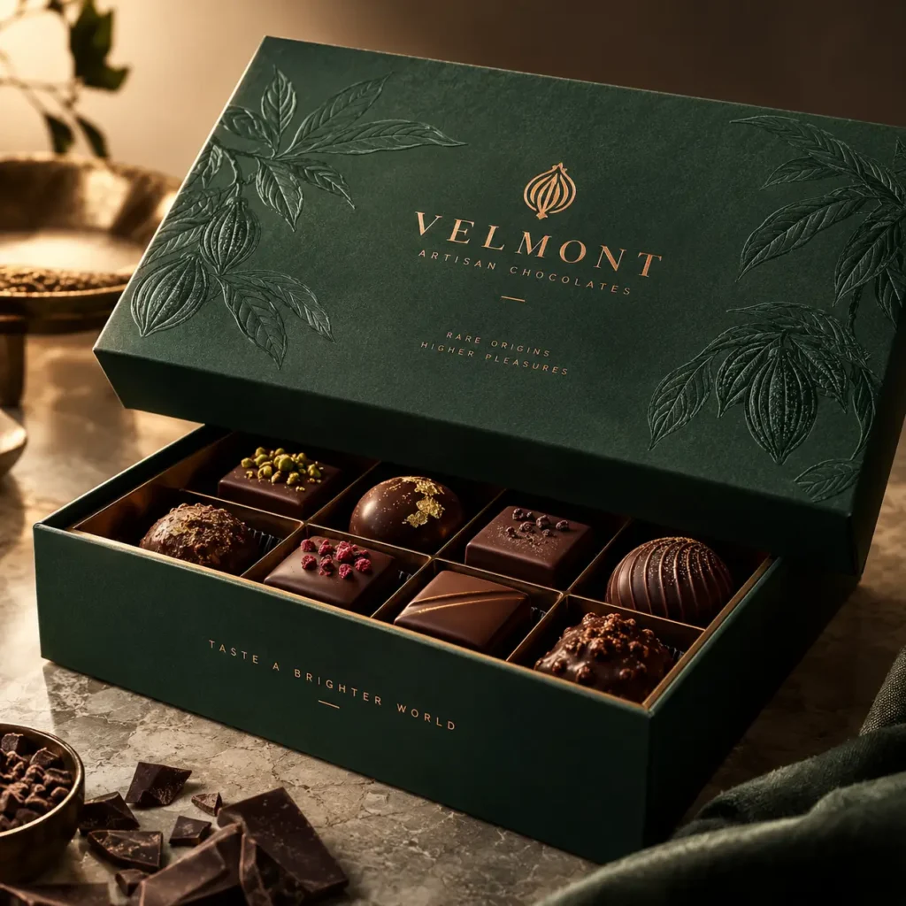 Velmont Artisan Chocolates luxury dark green embossed gift box with gold foil truffles, premium chocolate packaging design