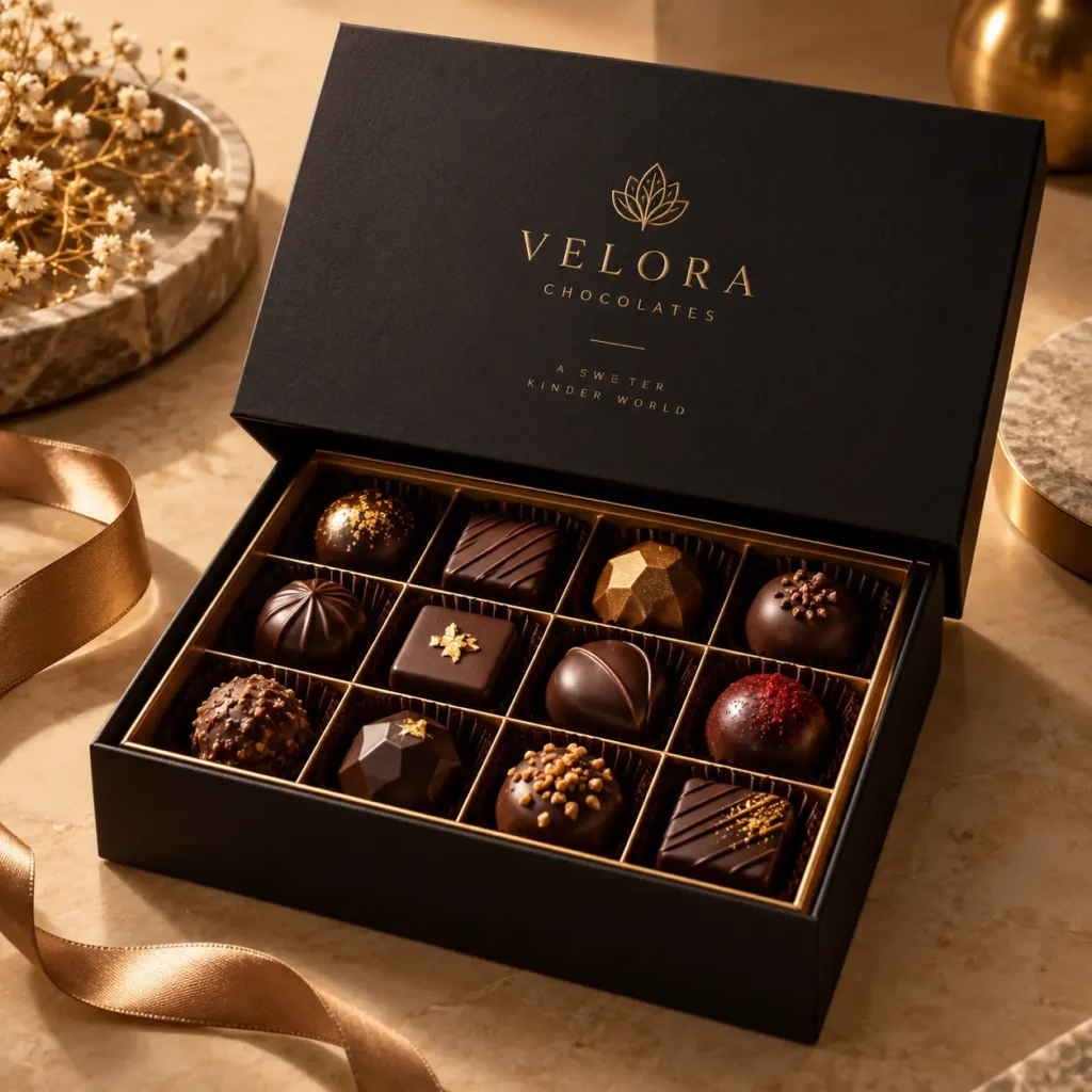 Luxury black chocolate gift box packaging with gold foil branding, 12 artisan truffles, satin ribbon, marble surface display
