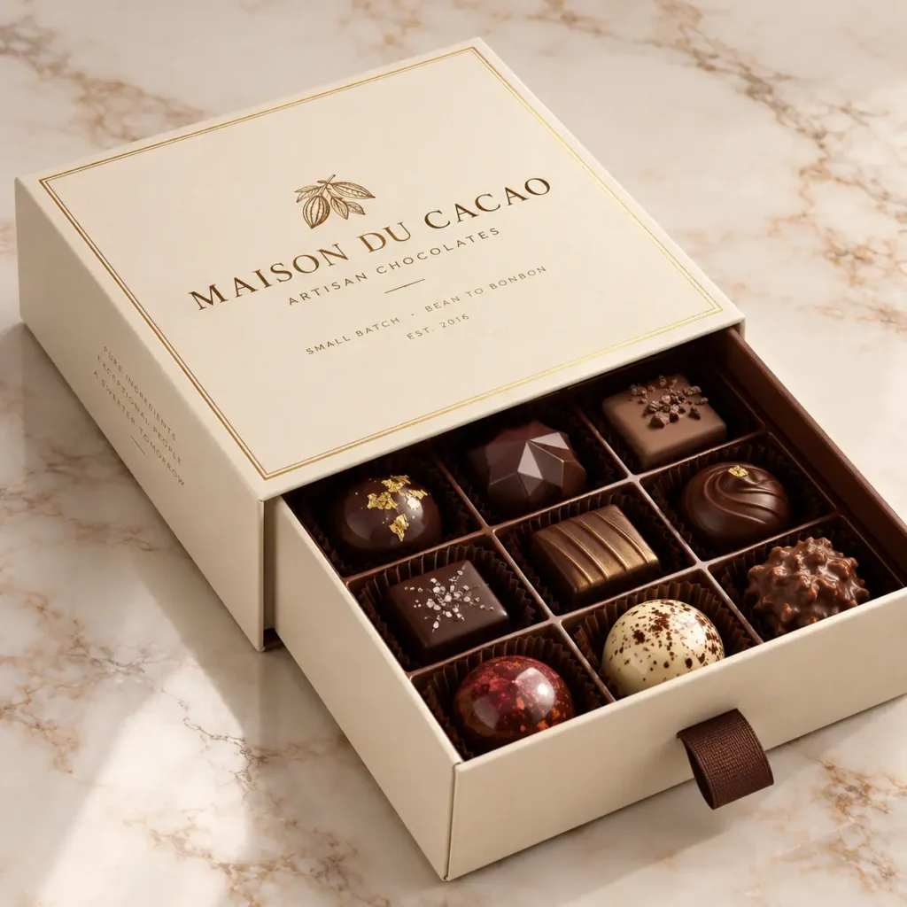 Luxury cream gold artisan chocolate gift box packaging Maison du Cacao open drawer revealing 9 premium bonbons marble surface