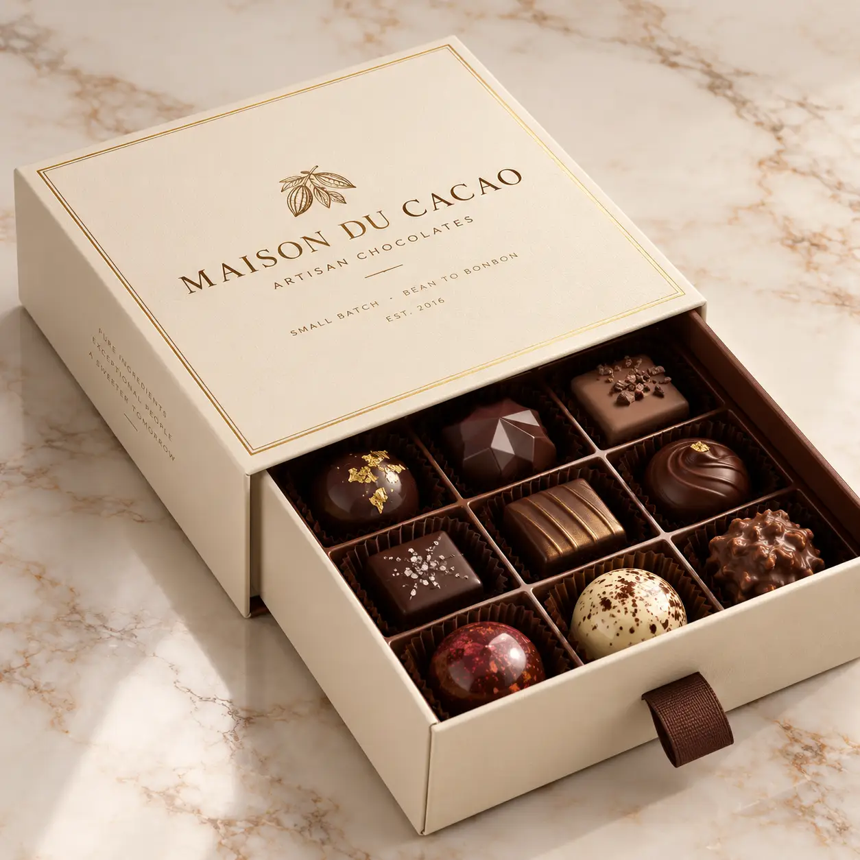 Luxury cream gold artisan chocolate gift box packaging Maison du Cacao open drawer revealing 9 premium bonbons marble surface
