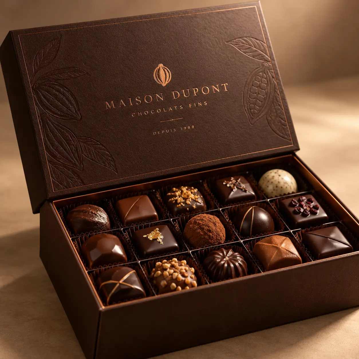 Luxury dark brown chocolate gift box packaging with gold embossed Maison Dupont branding and assorted premium chocolates
