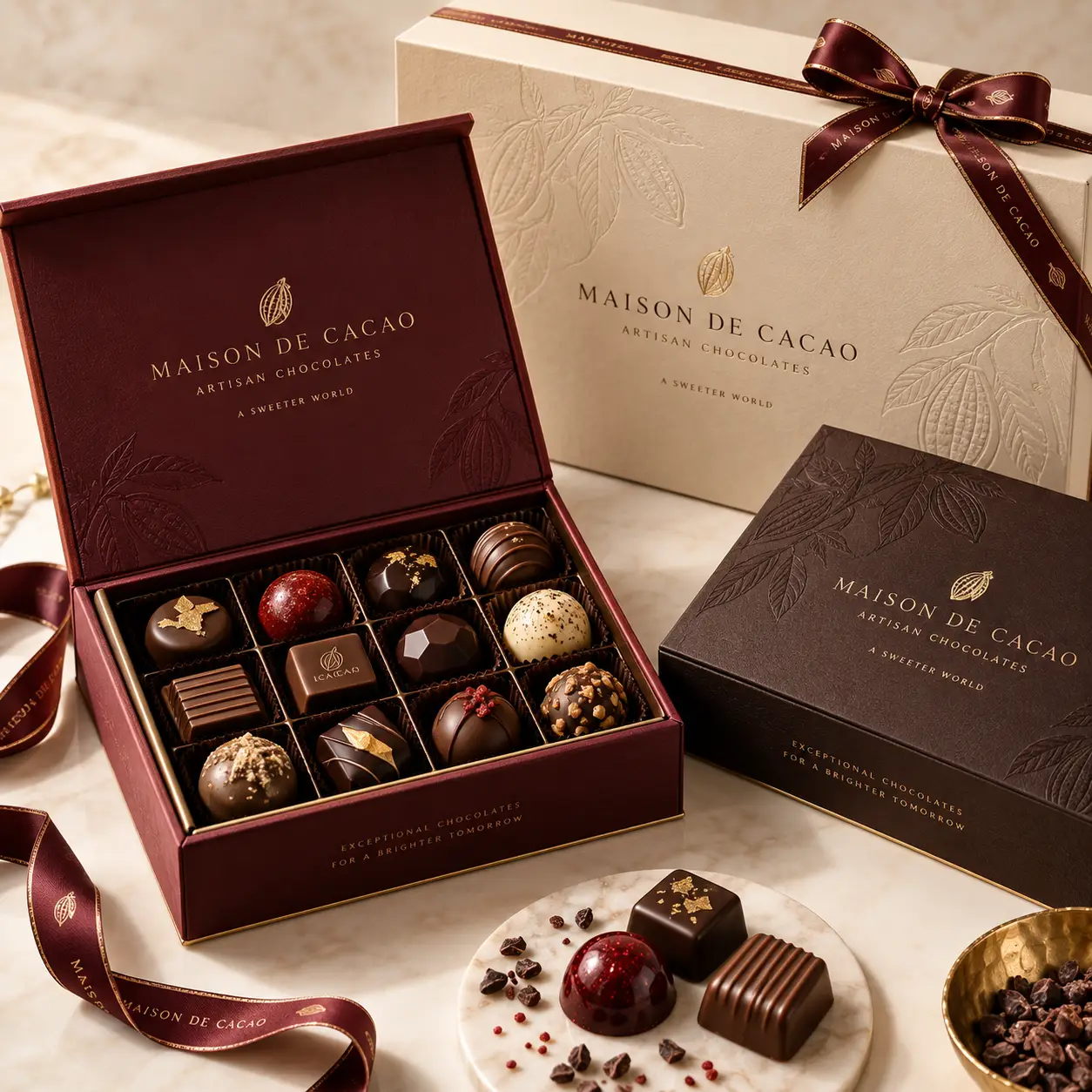 Luxury Maison de Cacao artisan chocolate gift boxes in burgundy, cream, and dark brown with gold accents and satin ribbon bow