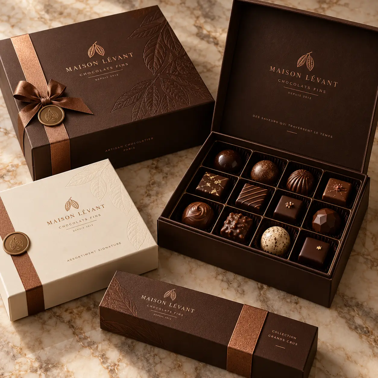 Luxury chocolate gift box packaging design by Maison Lévant, dark brown embossed boxes with gold foil, satin ribbon, artisan chocolates