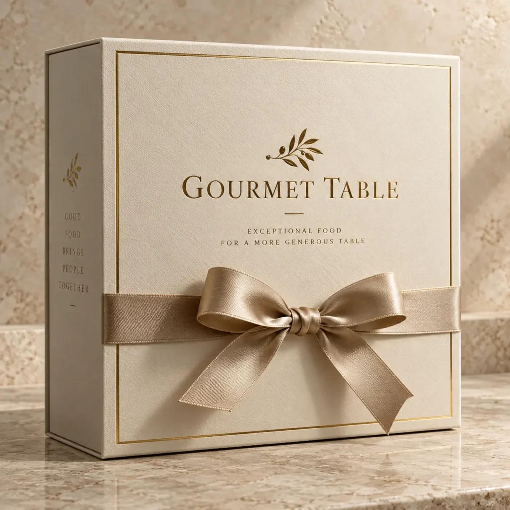 Luxury cream gift box with gold foil Gourmet Table branding and satin champagne bow on marble surface