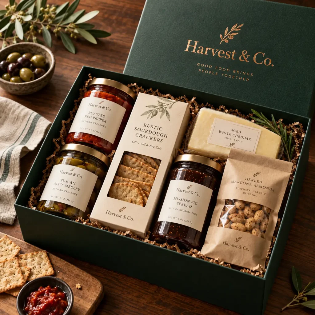 Harvest & Co. green luxury gift box with artisan crackers, fig spread, cheddar, olive medley & roasted pepper preserves