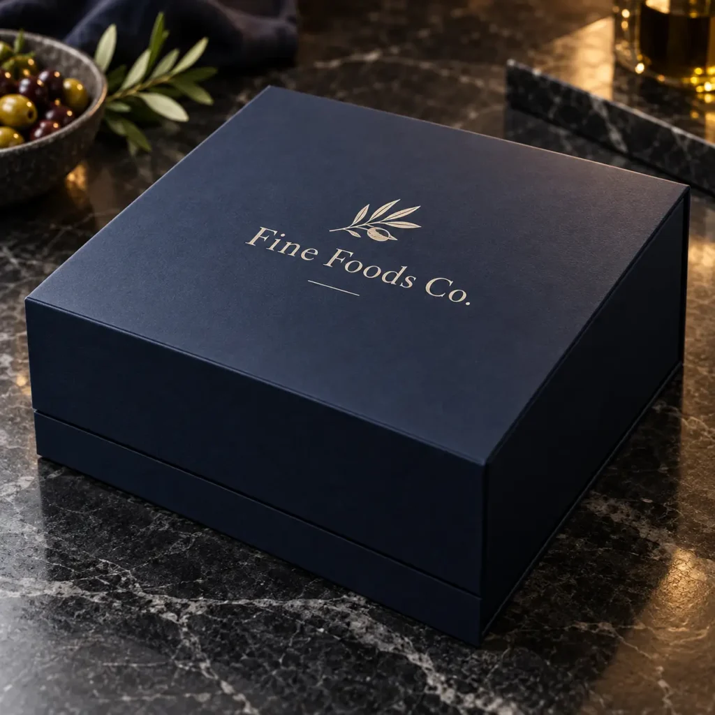 Navy blue luxury gift box with gold Fine Foods Co. logo on dark marble surface, premium custom branded packaging