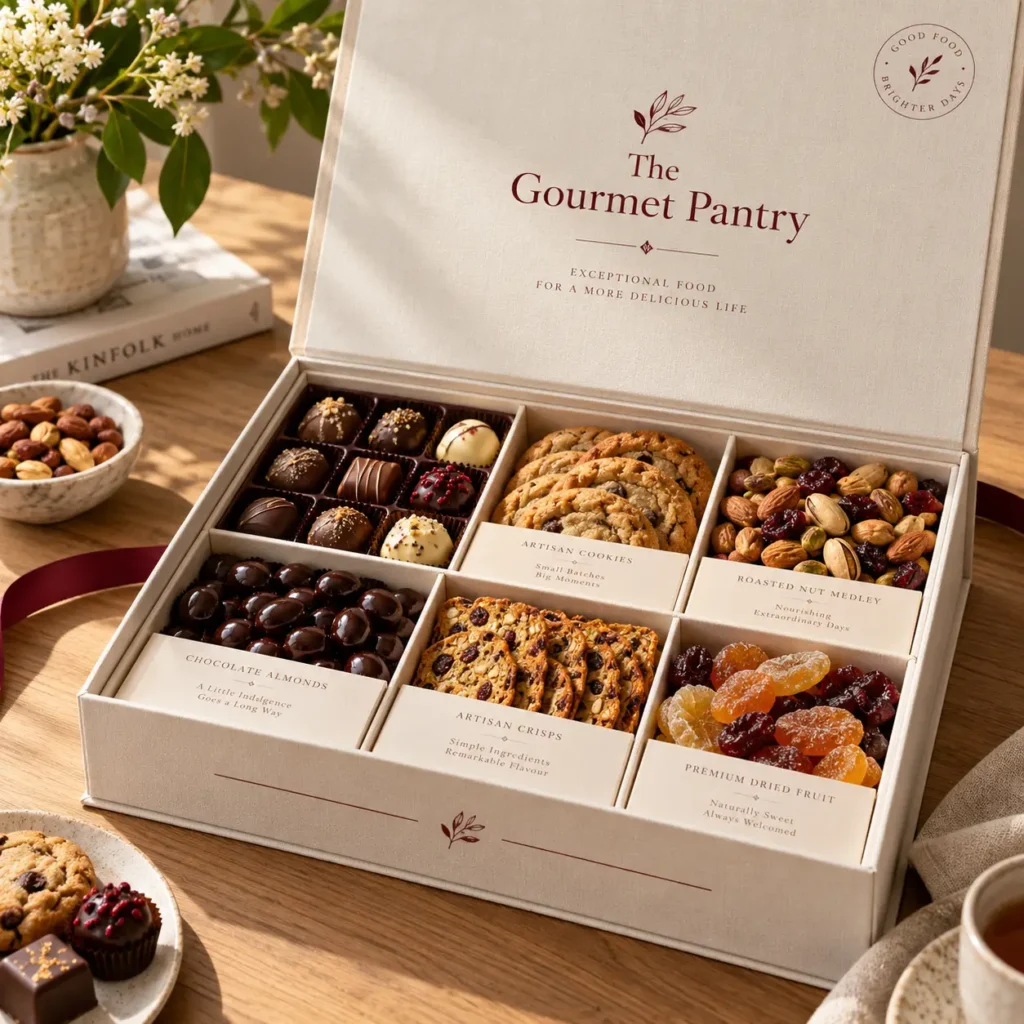 Luxury gourmet gift box packaging with chocolates, cookies, nuts & dried fruit in elegant cream compartmented design
