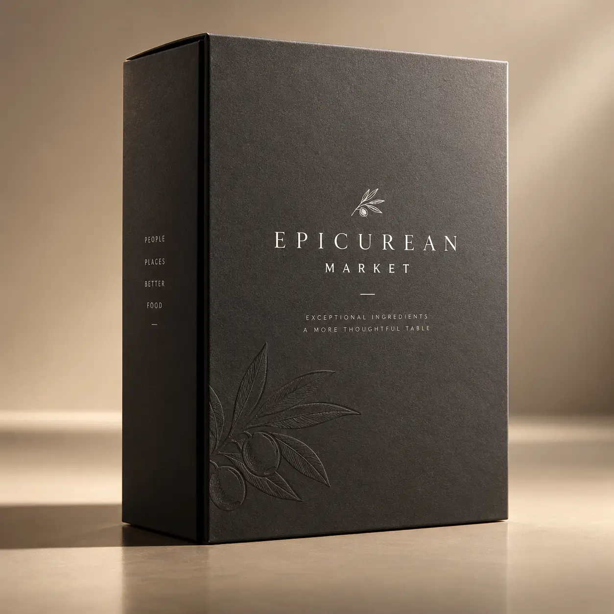 Luxury matte black gift box packaging for Epicurean Market with embossed olive branch, silver foil typography, premium unboxing design
