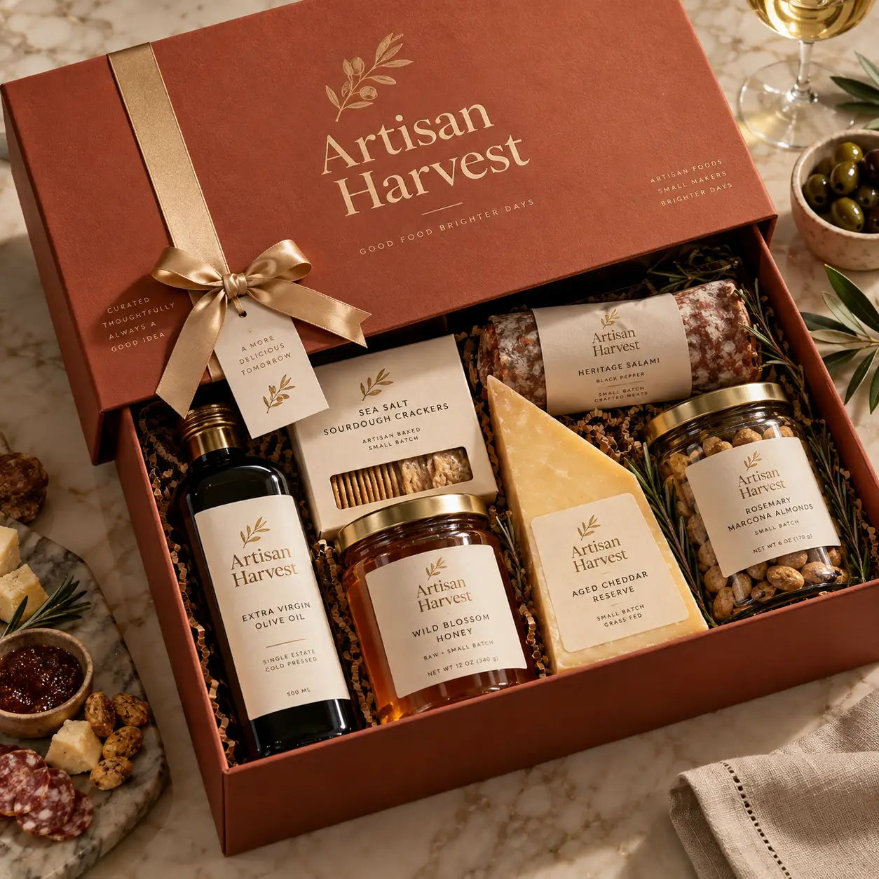 Artisan Harvest luxury gift box with olive oil, honey, salami, aged cheddar, crackers and almonds in terracotta premium packaging