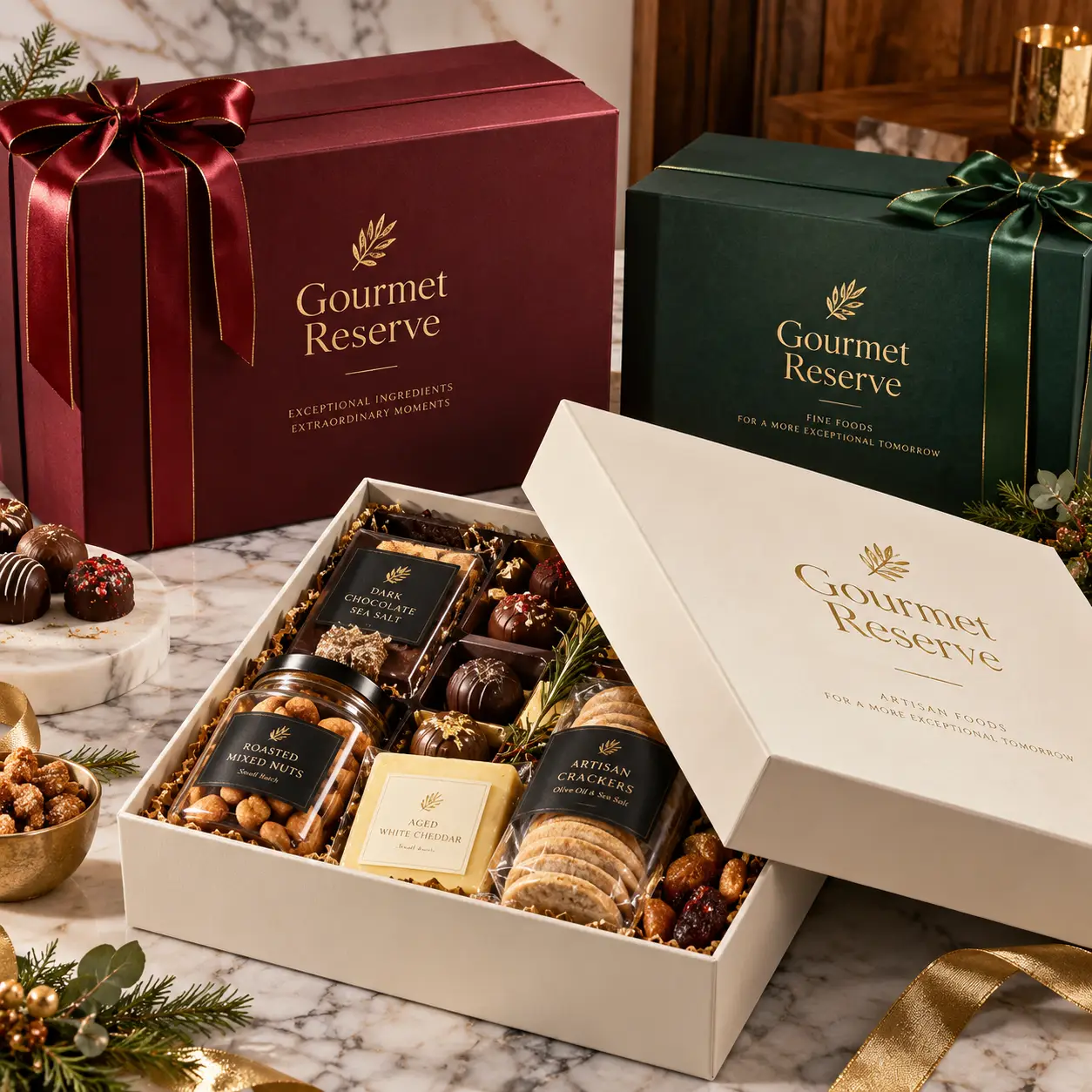 Luxury Gourmet Reserve holiday gift boxes in burgundy, green, and ivory filled with chocolates, nuts, and artisan crackers