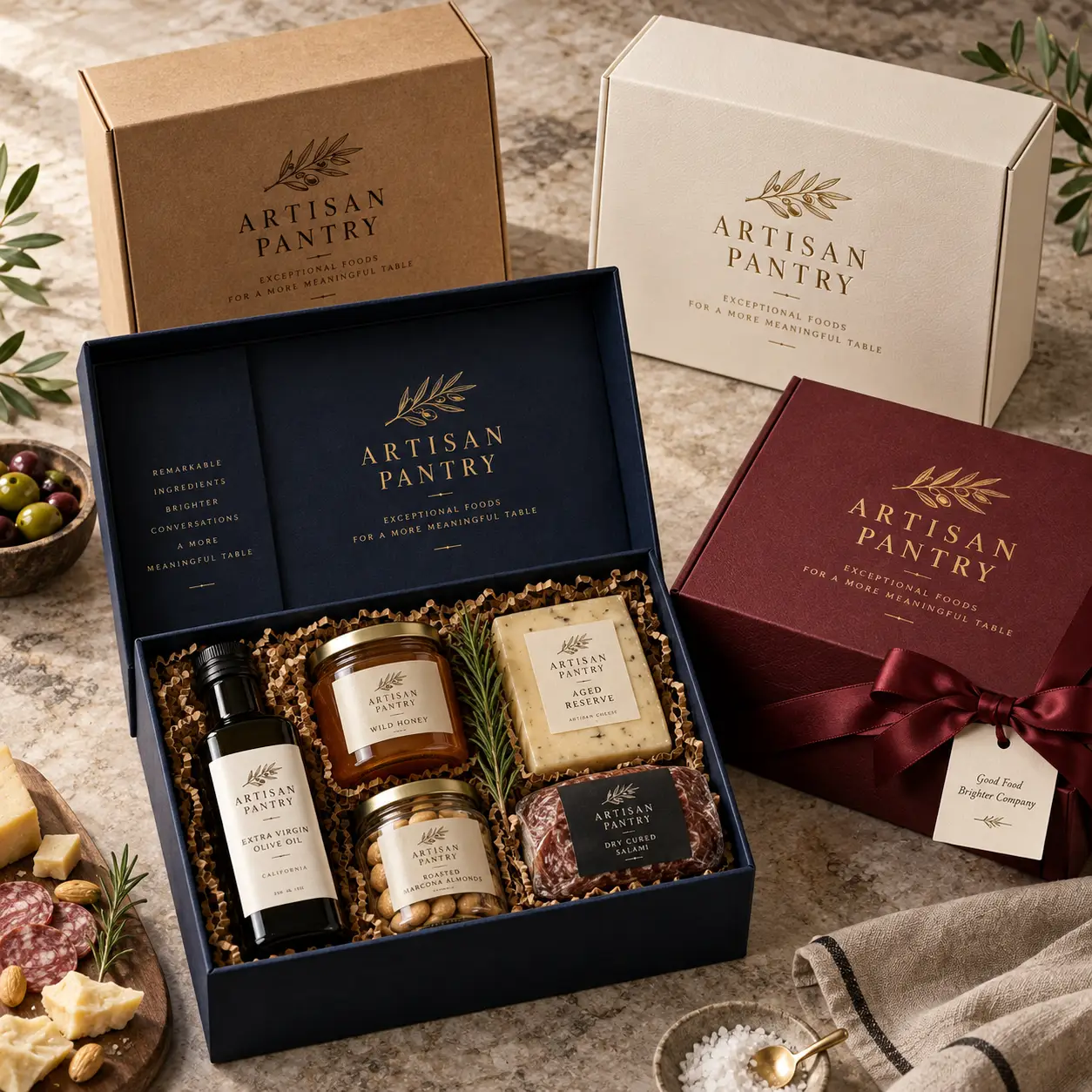 Artisan Pantry luxury food gift boxes in navy, burgundy, and kraft, filled with olive oil, honey, salami, and aged cheese packaging