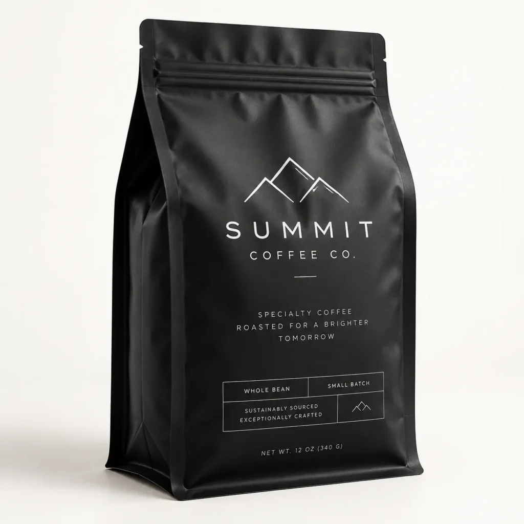 Matte black coffee bag packaging for Summit Coffee Co. specialty whole bean, 12oz, minimalist mountain logo design